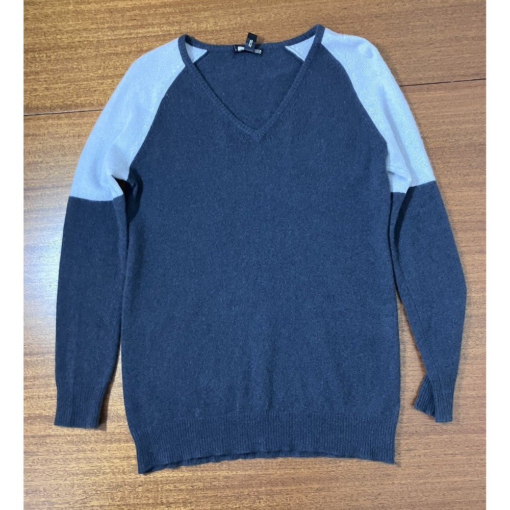 Aqua Cashmere Womens V-Neck Colorblock Raglan Sweater Charcoal Grey Small Preppy
